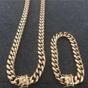 Men de 12 mm Men Cuban Miami Link Bracelet Chain Set 14k Gold plaqué en acier inoxydable 312