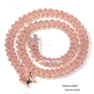 12 mm roze Cubaanse ketting Iced Out Out Rhinestone zinklegering Rose Gold Plating Miami Cuban Link Chain ketting Groothandel sieraden