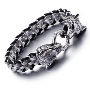 12 mm Punk Hombres Animal Lobo vikingo Eslabón de cuero Pulseras de China Acero inoxidable Doble Lobo Cráneo León Cabezas de serpiente Charm Wrap Bike Biker Pulsera Pulsera Joyería