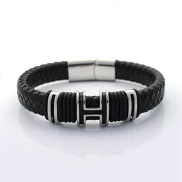 Bracelet en cuir véritable rétro de 12 mm de large pour hommes bracelets de perles H en acier inoxydable avec aimant CLASP2291