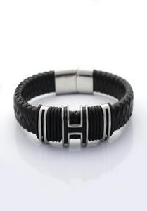 12 mm brede gevlochten retro echte lederen armband voor mannen roestvrij staal H bead armbanden met magnet clasp3374698