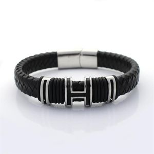 Bracelet tressé rétro en cuir véritable pour hommes, 12MM de large, en acier inoxydable, perles H, avec fermoir magnétique, 289b