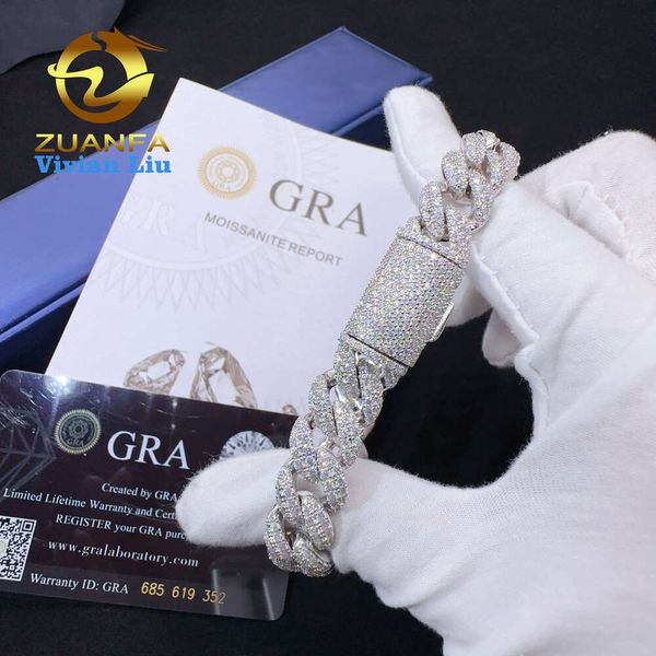 Prix de gros de largeur de 12 mm en argent sterling 925 Iced Out VVS Moisanite Diamond Fine Hop Hop Jewelry Cuban Link Chain Chain Bracelet Melocket Colliers