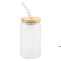 12oz 16oz 25oz Mok Straight Lege Sublimatie Frosted Clear Transparent Coffee Glass Cup Tumblers met Bamboo Deksel en stro GCE13770