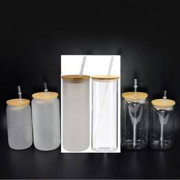 12oz 16oz 25oz Straight Tumbler Glas Cups Sublimatie Blanks Duidelijke Frosted Jar Wide Mond Bier Koffie Mokken Iced Thee Glazen Wijn Tumblers Mok met Bamboe Deksel Rietjes