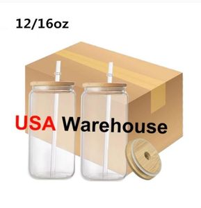 USA Canada Warehouse 16oz bedrukte DIY sublimatie glazen biermok glazen waterfles bierblikje Tumbler Tumbler waterbeker met bamboe deksel en herbruikbare rietje ijskoffie