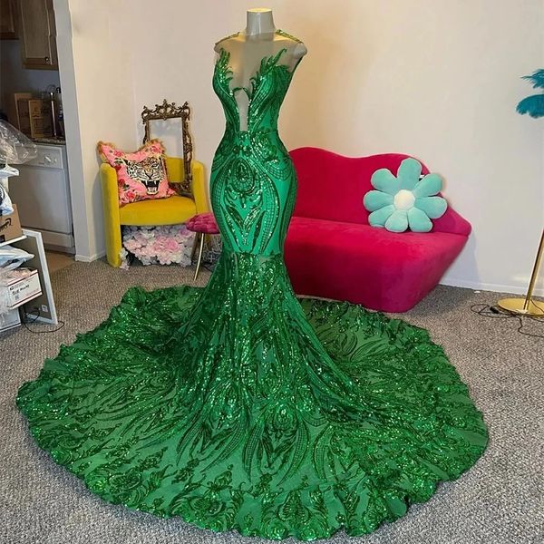 Impresionantes vestidos de fiesta con lentejuelas verdes, vestidos de fiesta de noche de sirena con cuello de joya transparente, vestidos de gala con cremallera en la espalda