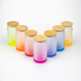 12 oz 16 oz Gobelets en verre de sublimation Chopes à bière Gradient Frosted Cola Can Jar avec couvercle en bambou et paille