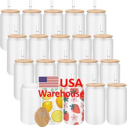 12 oz 16 oz EE. UU. Almacén Botellas de agua DIY Sublimación en blanco Vasos Vasos de cerveza en forma de vasos con tapa de bambú y pajita para café helado Soda i0526