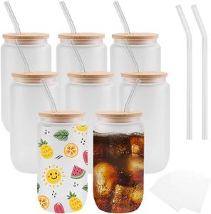 12 oz 16 oz USA Entrepôt Bouteilles d'eau DIY Sublimation vierge peut gobelets en forme de tasses en verre de bière avec couvercle en bambou et paille pour café glacé Soda G0525