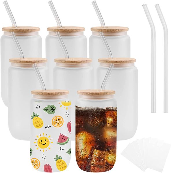 12 oz 16 oz USA Entrepôt Bouteilles d'eau DIY Sublimation vierge peut gobelets en forme de tasses en verre de bière avec couvercle en bambou et paille pour café glacé Soda G0525