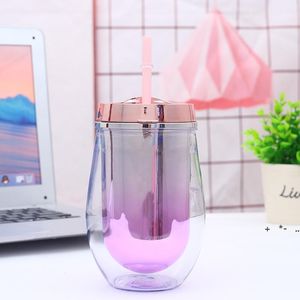 12 oz 350 ml Copas de vino de plástico Copa de vino sin tallo colorida con pajitas Copa de cáscara de huevo de doble capa U Trago Taza de plástico linda por mar RRE12820