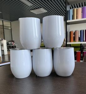 12 oz Blanc Sublimation En Forme D'oeuf Verre À Vin Double Paroi Tasses Gobelets En Acier Inoxydable Avec Couvercle CCA12437 100 pcs