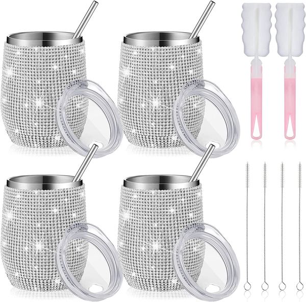 12 oz Bling Bouteille d'eau Strass Verre à vin Verre à diamants Tasses à paillettes isolées avec brosse à paille pour vin, café, cocktails, champagne