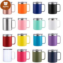 12OZ koffiemok met handvat geïsoleerd roestvrij staal herbruikbare dubbele wand vacuüm bier reizen cup tuimelaar gepoedercoat bos glijdend deksels wht0228