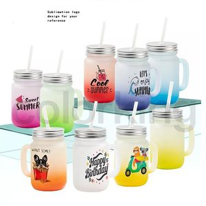 Tasses en verre dépoli vierges de sublimation de 12 oz, pot Mason de couleur dégradée avec couvercle, tasse de paille en plastique, DHL gratuit HH22-42