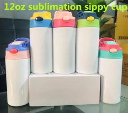 12oz Sublimatie Blanks Kids Mokken Tumbler Babyfles Sippy Cups Witte Waterfles met Stro en Draagbare Deksel 6 kleuren Deksels NIEUW