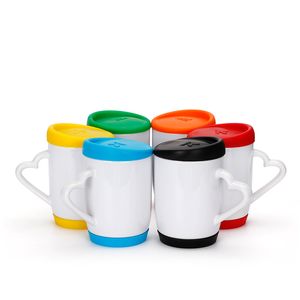 12 oz sublimation céramique tasses gobelets ébauches tasse à café avec poignée en coeur bricolage impression avec sous-verre en silicone et couvercle Z11