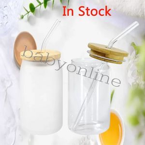 US Stock 16oz Sublimatie Clear Glass kan leeg DIY Wijn Tuimelaar Frosted cola Jar met bamboe -deksel Outdoor Picnic Coffee Milk Cup