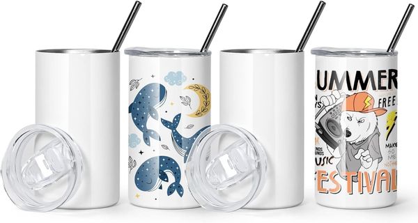 Verre à sublimation vierge de 12 oz avec couvercle et paille Rouleau droit et fin pour enfants en acier inoxydable Tambour isolé sous vide à double paroi sans BPA Idéal pour les enfants