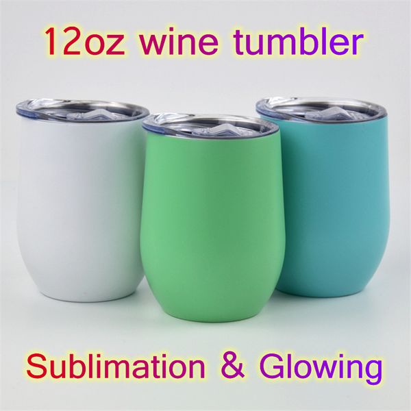 12 oz Sublimation Glowing Wine tumbler Tasses en acier inoxydable avec couvercle Peinture lumineuse Blanc Double paroi isolée sous vide en forme d'oeuf DIY Eau Lait Tasses à café