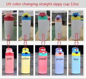 12 oz Sublimation droite Sippy Cup UV changement de couleur enfants bouteille d'eau 350 ml blanc blanc Portable en acier inoxydable isolé sous vide gobelets pour enfants