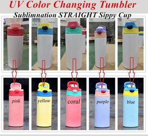 12OZ UV Couleur Changer de gobelets Sublimation Straight Sippy Tasses Kids Tasses Bouteilles en acier Stainn -less Buttles Boire Double paroi Vacual Alimentation Bouteille d'allaitement