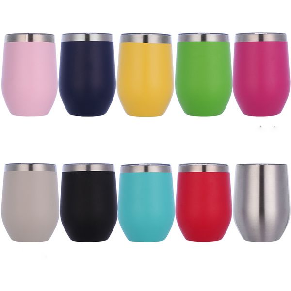 Copa de vino de 12 oz Vaso de vino de acero inoxidable con borde con recubrimiento en polvo, vasos sin tallo de colores mezclados, taza con forma de huevo con aislamiento al vacío de doble pared, transporte marítimo