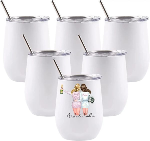 Gobelet à vin 12 oz Blancs de sublimation Gobelets à vin en acier inoxydable Corps droit Fit pour Cricut Mug Presse Machine Full Wrap Transfert de chaleur avec couvercle coulissant nouveau