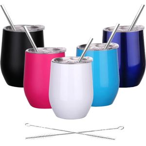 Gobelet à vin de 12 oz avec paille en métal et brosse, bouteille d'eau en acier inoxydable, tasses à café de voyage, tasse en forme d'œuf pour cadeau Prarty 240104