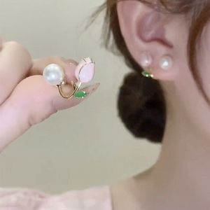 12 pares de pendientes de perlas de flor de tulipán rosa para mujer, pendientes exquisitos de circonita coreana, regalo de joyería de Navidad para fiesta