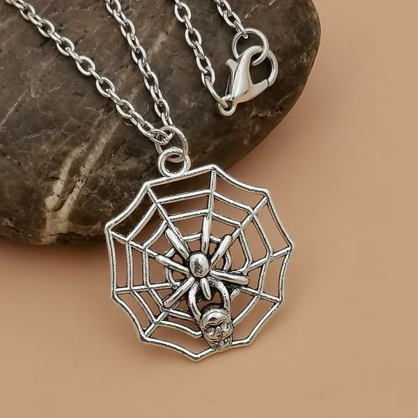 12Pc Halloween Antique Silver Spider Web Pendentif Collier Pour Hommes Bijoux Cadeau T-012