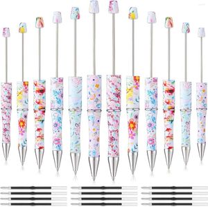 12Pc stylos à perles en plastique perle florale fleurs de printemps stylo à bille assorti avec recharges cadeau enfants fournitures scolaires de bureau