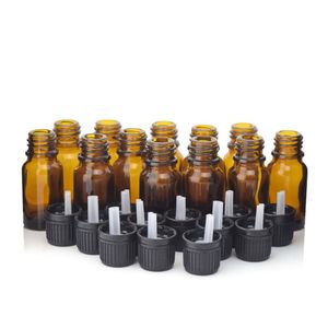 12 stks 1/3 oz 10 ml Amber glazen flessen w / euro druppelaarsorfice reducer zwarte tamper duidelijke dop voor essentiële olie aromatherapie