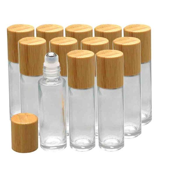 12 pièces 10 ml verre rouleau sur bouteille avec couvercle en bambou pour huile essentielle clair parfum bouteilles d'échantillon avec bille roulante en acier inoxydable