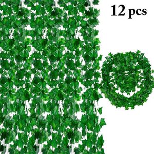 12pcs 2m lierre artificiel feuille verte guirlande plantes vigne faux feuillage décor à la maison en plastique rotin chaîne décoration murale pantalon artificiel 211104