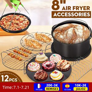 12 pièces accessoires de friteuse à Air 8 pouces adaptés pour Airfryer 5.2-5.8QT panier de cuisson plaque à Pizza gril Pot cuisine outil de cuisson pour la fête