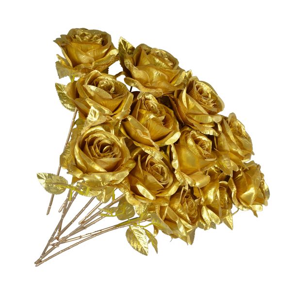 12PCS Artificielle Or Roses Fleurs, Unique Faux Soie Rose Fleur avec Courte Tige Approprié à La Famille Décoration De Fête De Mariage