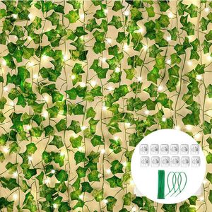 12 stks kunstmatige klimop blad planten wijnstok opknoping garland nep wijnstokken met led-verlichting bloemen huis keuken tuin bruiloft muur decor 210624