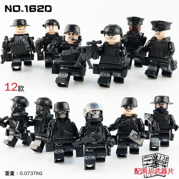 12 pièces sac 1620 ville noir minifigs poupée militaire Police figurine enfants bloc de construction accessoires cadeau jouet