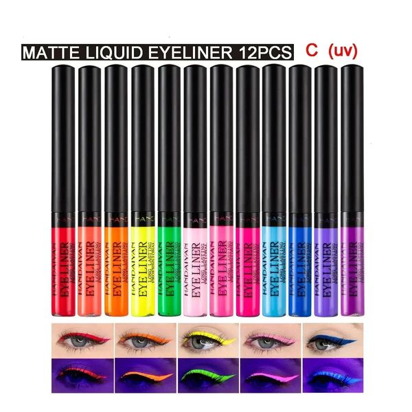 12 unids / bolsa Luz UV Delineador de ojos de neón Lápiz Delineador de ojos líquido de color Delineador de ojos a prueba de agua Lápiz Fino Blanco Marrón Rojo Delineador de ojos Maquillaje 240325