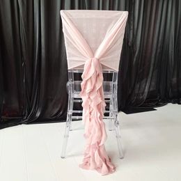 12 stuks blozen roze lycra mesh kap en chiffon ruche stoel cap sjerp voor bruiloft decor