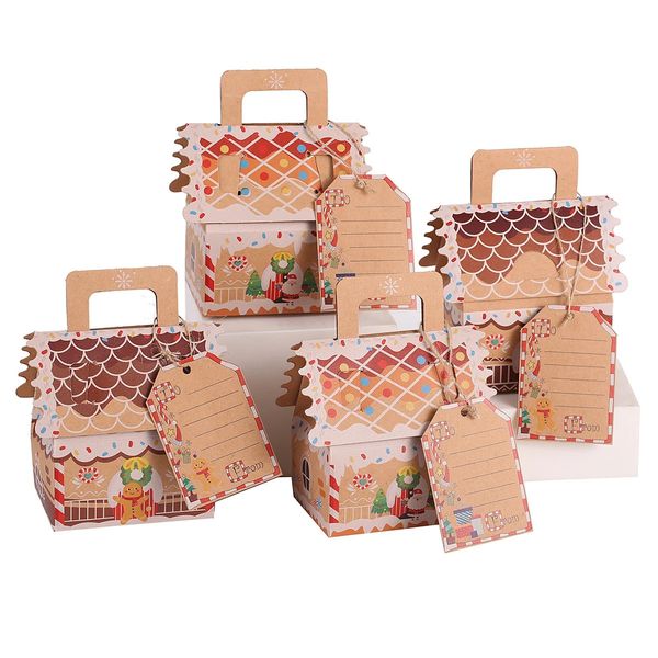 12 pièces de noël en pain d'épice maison forme coffrets cadeaux père noël Snack biscuits boîte de papier Kraft décorations de bonbons de fête de noël 240113