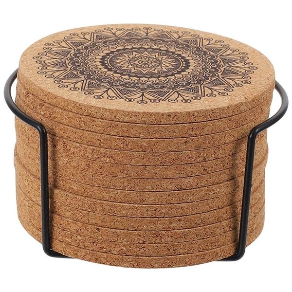 12pcs Creative Nordic Mandala Design Forme ronde Sous-verres en bois Tapis de table Tasse à café Coaster avec support de rangement Décor à la maison 220627