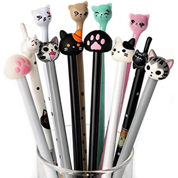 Stylos à Gel chat mignon, 12 pièces, ensemble de stylos à bille amusants Kawaii, stylos à encre noire Animal pour enfants, fournitures scolaires et de bureau