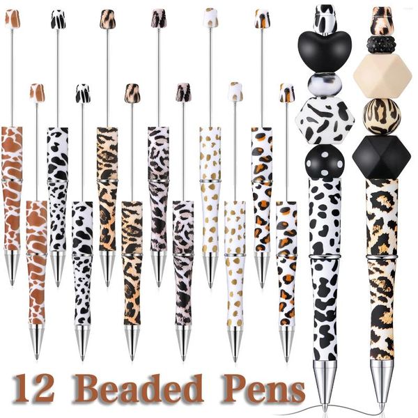 12pcs bricolage stylo perlé créatif imprimé motif de fleur motif de bille à billes stylos léopard