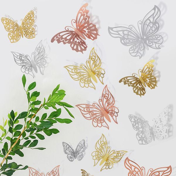 Pegatina de mariposa 3D ahuecada de 12 Uds., pegatinas de papel brillante para ventana de cristal de pared de colores de oro rosa y plata, decoraciones de Año Nuevo para el hogar