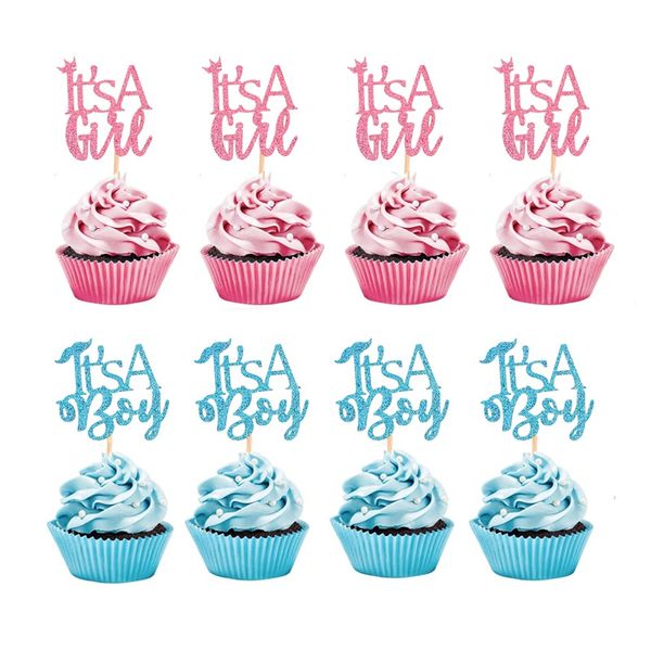 12 piezas es una niña boy girl cupcake toppers tourks pasteles para baby shower 1er cumpleaños género revelar decoraciones de fiesta favor