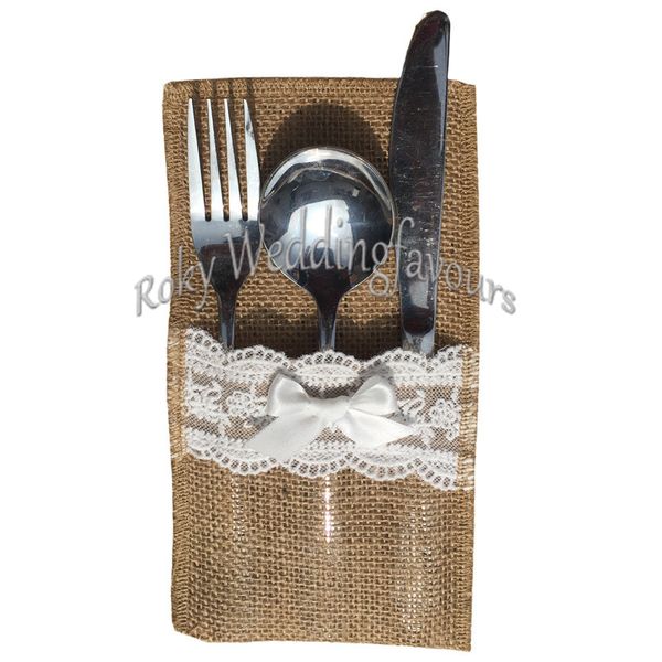 Couverts en dentelle de Jute, sac de poche pour couteaux et fourchettes en toile de Jute, sac de vaisselle de mariage Vintage, sac support en toile de Jute 4 