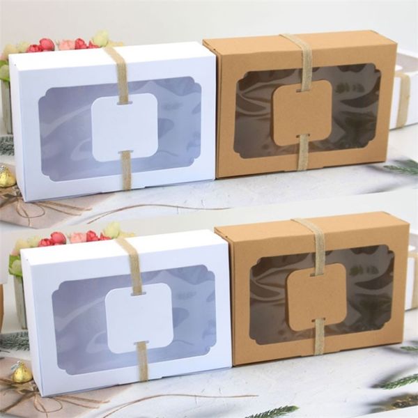 12pcs Kraft Paper Candy Box Favor Box cadeau PVC Clear Window Cookies Treats Boîtes Année de Noël Décoration de fête de mariage 211108